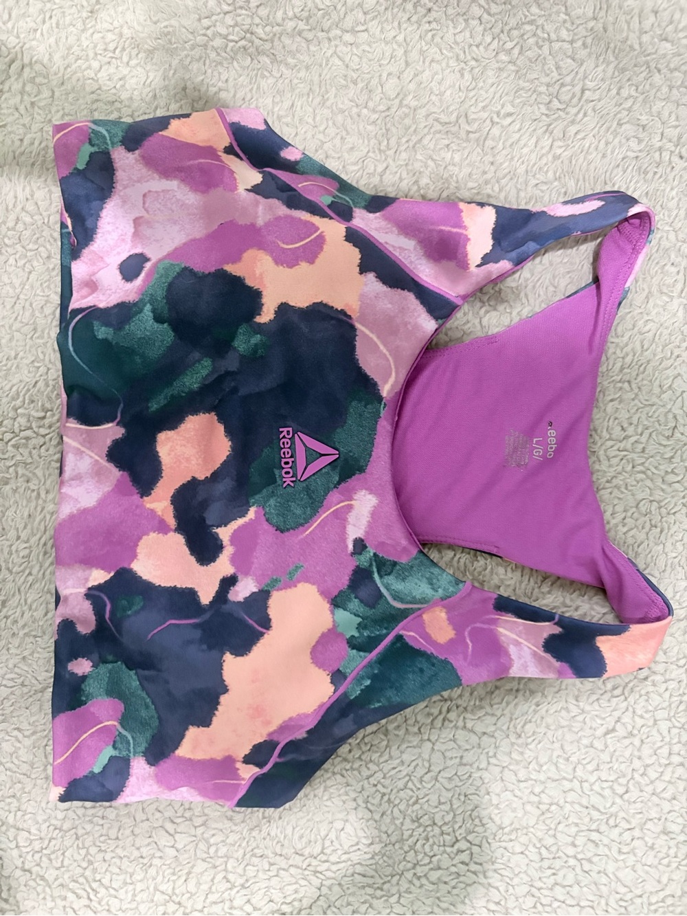 Reebok Pink, Purple & Green Abstract Racerback Sports Bra